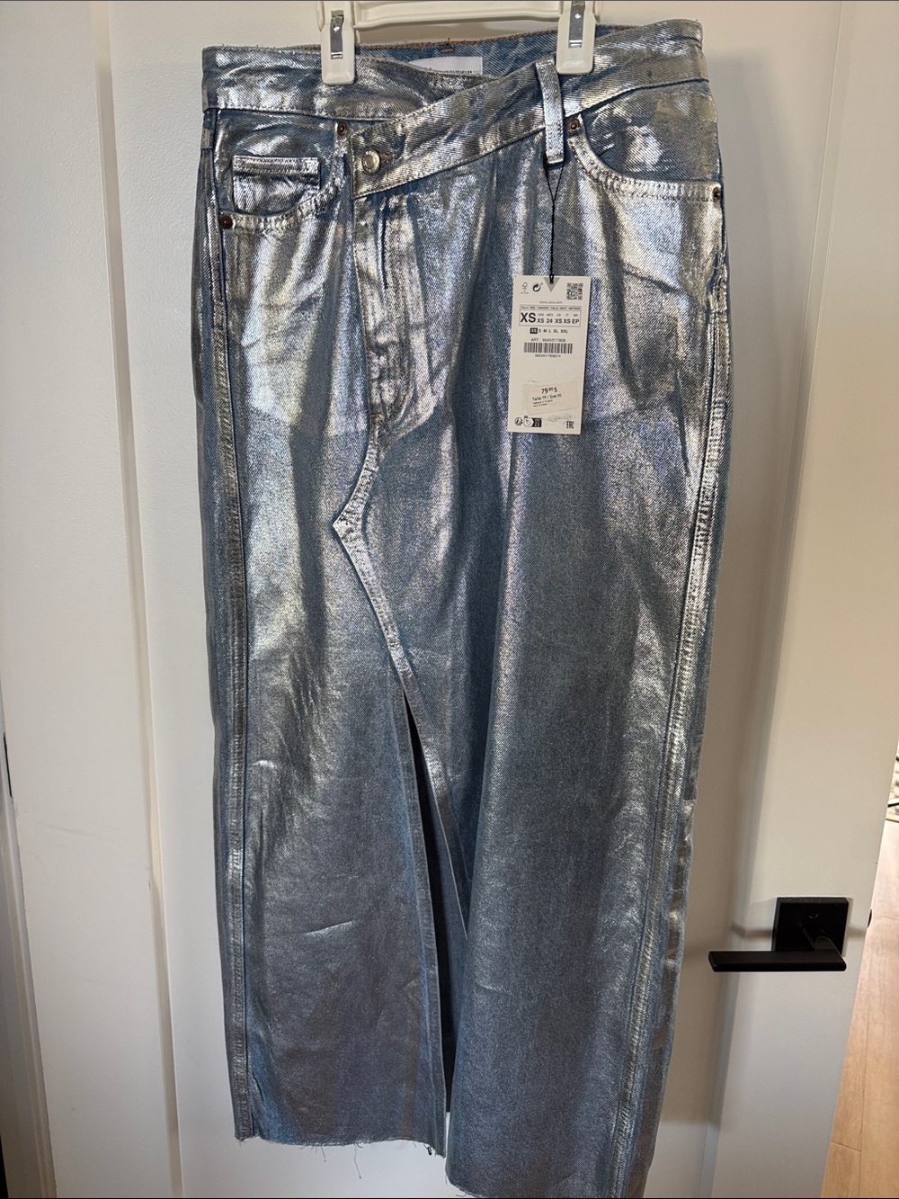 Zara Metallic Silver Maxi Skirt with offside Slit
